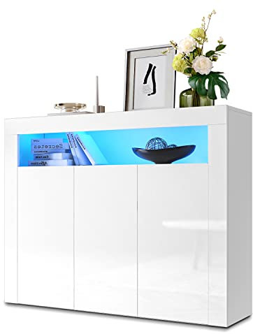 SONNI Kommode Weiß Hochglanz mit LED Beleuchtung Sideboard Weiss mit 3 Tür 120 cm breit
