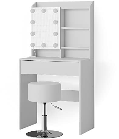 Vicco Schminktisch Laura, Kosmetiktisch mit Spiegel, Weiß, 70 cm mit LED Beleuchtung und Hocker