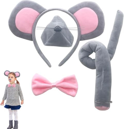 4 Pcs Mouse Costume Set Cute Mouse Dress Up Set Mouse Headband Bow Tie Nose and Tail Mouse Ears Headband Rat Costume Rat Grey Mouse Ears Grey Mouse Ears and Tail Mini Mouse Ears Costume Party