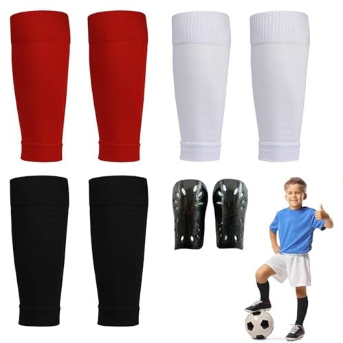 MUNSKT 3 Pairs Football Sock Sleeve with Shin Guards Pads, Unisex Anti-slip Kids Sock Sleeves, Black White and Red, Running,Team Leg Sock Sleeve, Training und Beginner for Kids Boys Girls