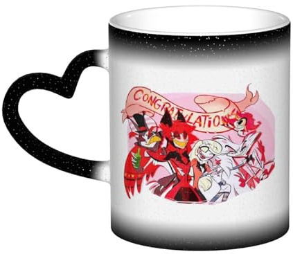 Zhongkaihua Alastor/Angel Dust/Lucifer Hazbin Hotel-Tasse, Wärmebecher, die die Farbe ändern, Cartoon-gemustert, herzförmiger Griff, hitzeempfindliche Kaffeetasse, 330 ml