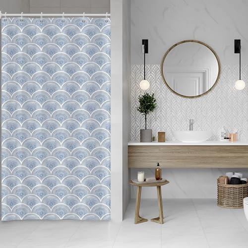 ASDCXZ Blau Duschvorhang 120x180 cm, Modern Geometrie Regel Boho Blau Blumen Muster Weiß Bad Waschbar Schmal Duschvorhänge Polyester Textil Wasserdicht Duschvorhang für Badewanne mit 8 Haken