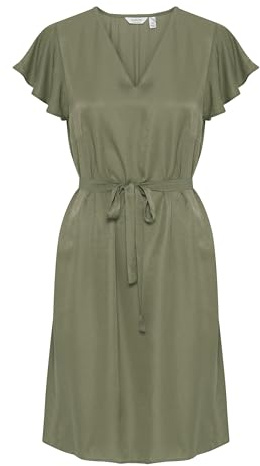 b.young BYITILDA Damen Midikleid Kleid Freizeitkleid mit Bindeband V-Ausschnitt Puffärmel Regular fit, Größe:46, Farbe:Olivine (180316)