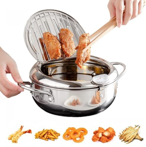 Generic Japanese Deep Fryer Pot, 28cm/11in (4.2L capacity), Stainless Steel, with Thermometer and Oil Drip Drainer Rack