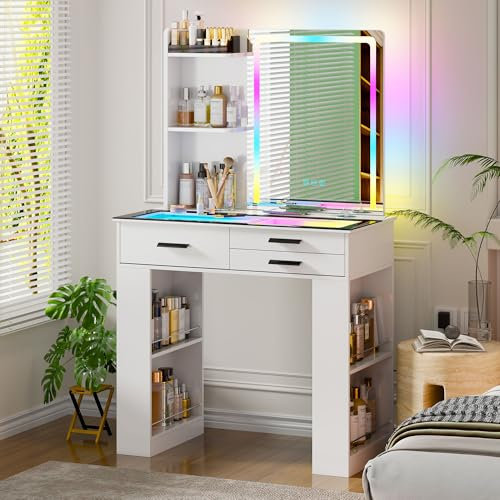 Lvifur RGB Schminktisch mit Spiegel,Kosmetiktisch mit LED-Beleuchtung & Schubladen,Frisiertisch mit USB-Aufladung & kabellose Ladestation