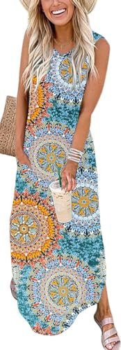 WNEEDU Damen Sommerkleider Lang V-Ausschnitt Strandkleider Ärmellos Freizeitkleid Lose Maxi Kleid mit Taschen