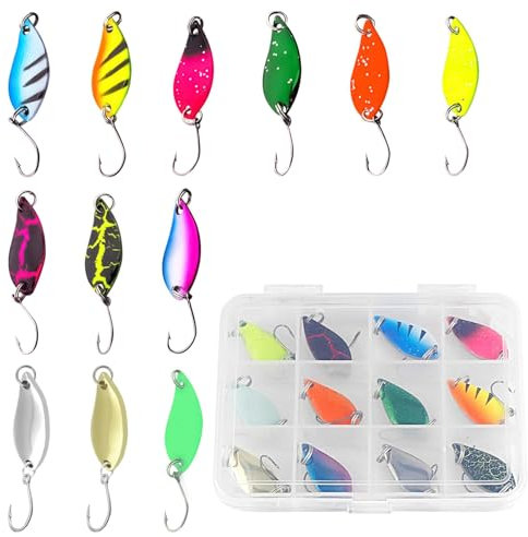 12 Pièces Cuillère pour la Pêche à la Truite, 5g Leurres à Truites de Pêche en Métal, Cuillère Truite Hameçon Simple avec Boite, Clignotants Leurre de Peche Kit pour Eau Salée et Eau Douce