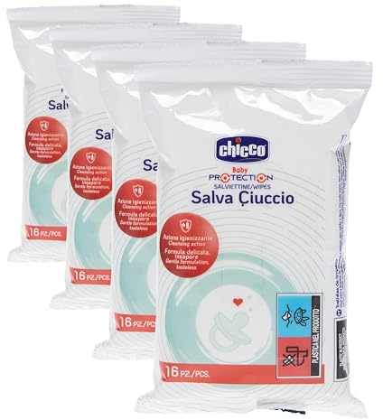 Chicco 00007921000000 - Chicco Toallitas Limpia Chupetes, Prácticas Toallitas Higiénicas Para Chupetes Y Tetinas, Ideal Bolsillo Y Viaje, Formato 16 Ud, 4 g (Paquete de 4)