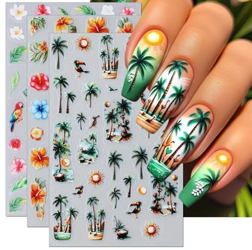 Autocollant Ongles Été Decoration Ongles Plage Deco Ongle Nail Art Fleurs Tropicales Stickers Ongles Palmier Flamant Rose pour Nail Art Design, DIY Nails, Décoration Ongles (B-3 Feuilles)