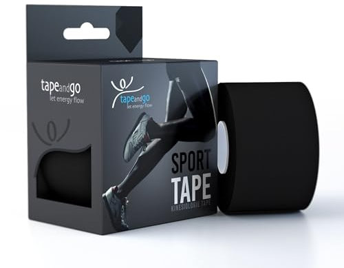 Tape and Go Kinesiologie Tape für Sportler - 5m Flexibilität, Wasserfestigkeit & Stilvolles Design für Höchstleistungen, Latexfrei Physio Tape - Schwarz