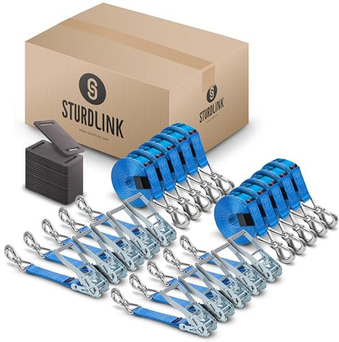 Sangles à Cliquet 50mm 4m avec Crochets à Linguet LC 5000kg en U, STF 350daN | Lot de 10 + 20 Protections | Sangles d'Arrimage avec Crochets de Sécurité pour Remorques, Anneaux d’Ancrage | EN12195-2