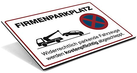 stempel-fabrik – Schild Firmenparkplatz mit Abschlepp-Piktogramm – Parkverbotsschild für widerrechtliches Parken – wetterfestes Alu-Verbund Warnschild (600 x 400 x 4 mm | Weiß)