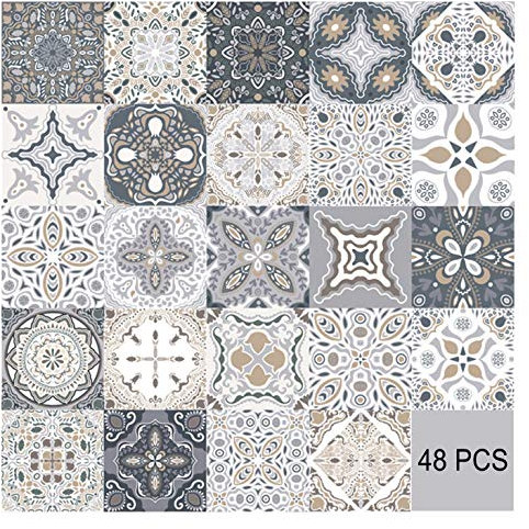 HORIWE 48pc Tile Stickers 4x4 Inches Backsplash PVC Waterproof Oil Proof Self Adhesive DIY Bathroom Kitchen Moroccan New Wall Stickers Home Decor 10x10cm
