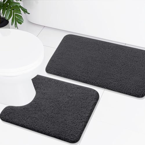 Buganda Mikrofaser-Badezimmerteppich-Set, 2-teilig, zottelig, weiche Badematte & U-förmiger WC-Vorleger, Badezimmerteppiche und Matten-Sets für Badezimmer (50.8 x 61 cm + 50.8 x 81.3 cm, Anthrazit)
