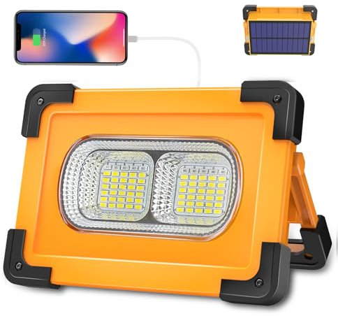 T-SUN 80W Projecteur LED Rechargeable 4 Modes Super Brillant Lampe de Travail Projecteur LED Portable avec Pannea Solaire Lampe Chantier pour Chantier, Camping, Pêche, éparation de voiture, Bricolage