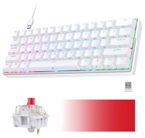 KEMOVE K61 Shadow Tastiera Gaming Meccanica,60%（QWERTY RGB Hotswap Red Switch Tastiera,Staccabile USB-C/Bluetooth/2.4Ghz Senza fili Keyboard，PC Windows/Mac/Android,Bianco