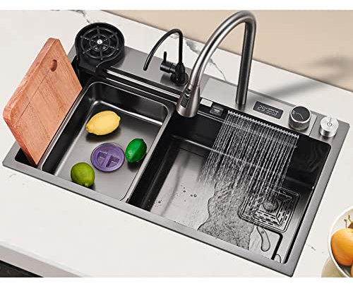 Évier De Cuisine, 304 Évier En Acier Inoxydable Nanorainbow Falls, Grand Évier À Bol Unique, 304 Évier En Acier Inoxydable Avec Filtre De Drainage Et Accessoires (S : 75x46cm)