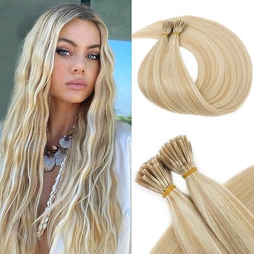 Benehair I Tip Hair Extensions, 100% Real Remy Human Hair Extensions, 16 Inches Stick Tip Keratin Hair Extension 1g/s, 50g/Pack Human Hair Extension for Thinning Hair Ash Blonde Mix Bleach Blonde