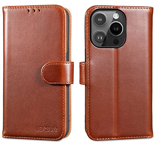 LENSUN Echtleder Hülle für iPhone 14 Pro, Leder Handyhülle [Kartenfach][Magnetverschluss][RFID Schutz] Handytasche Echt Lederhülle für iPhone 14 Pro 5G - Dunkelbraun