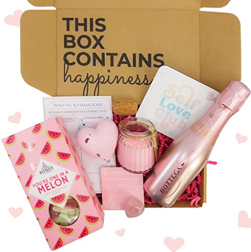 Little Box of Happiness Gift Set - Pamper Gifts For Women, Sparkling Rosé Wine Gift For Her, Best Friend Gift, Birthday Gift With Soy Candle, Sweets and Treats