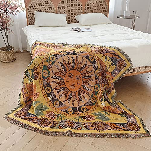 Menkala Kuscheldecke Boho Sonne Tagesdecke Decke Sofadecke mit Fransen Wohndecke 130x160 Strickdecke Couchdecke Deko für Sofa Büro Betten Reisen Wohnzimmer Schlafzimmer Camping Gelb