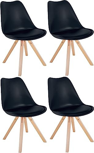 CLP Lot De 4 Chaises De Salle A Manger Sofia avec Coque en Plastique I Assise Rembourrée en Similicuir I Pieds Bois I Dossier, Couleur:Noir, Couleur du Cadre:Natura (carrée)