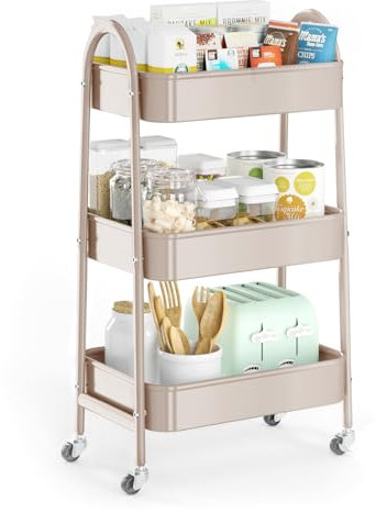 EAGMAK Rollwagen mit 3 Etagen, Metall-Aufbewahrungswagen mit Griff und feststellbaren Rädern, multifunktionaler Aufbewahrungs-Organizer mit Netzkörben für Küche, Wohnzimmer, Büro, Garage (Beige)