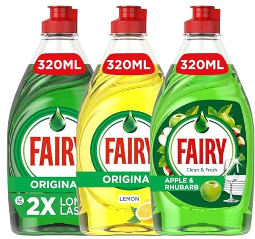 Fairy Washing Up Liquid Multipack | Original | Lemon | Apple & Rhubarb | Pack of 3 x 320 ml | Powerful Grease Cutting | Concentrated Dishwasher Detergent |
