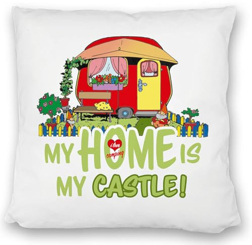 speecheese Wohnwagen Kissen satiniert mit Spruch My Home is My Castle! I Love Camping EIN dekoratives Kissen satiniert in bunten Farben für Dauercamper und Campingliebende die jedes