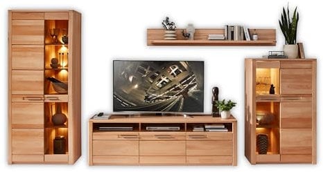 NATURE ONE Wohnwand Komplett-Set in Kernbuche teil-massiv FSC-zertifiziert - Moderne Schrankwand mit LED-Beleuchtung für Ihr Wohnzimmer - 390 x 203 x 45 cm (B/H/T)
