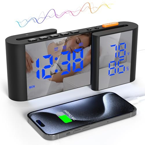 Lancoon Radio Despertador Digital Reloj LED con Espejo 6'' y Temperatura y Humedad Doble Ajuste Alarma Volumen Ajustable en 15 Niveles Negro-Azul