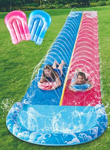 JOYIN 32.5ft/990.6cm Water Slide and 2 Inflatable Boards, Extra Long Heavy Duty Double Lawn Waterslide with Sprinkler for Kids Adults Backyard Summer Water Toy Outdoor Fun,Blue, Pink