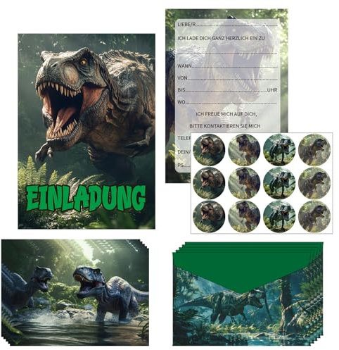 FYFLYMT Dinosaurier Einladungskarten Kindergeburtstag,12 Stück Dino Geburtstag Einladungskarten für Jungen & Mädchen,Dinosaurier Partyeinladungen mit Umschlägen(Deutsch)