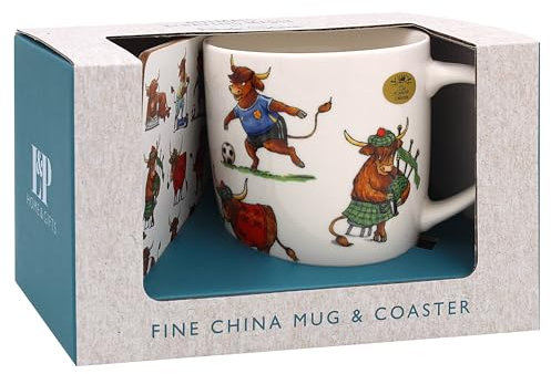 The Leonardo Collection Finola Stack Highland Cow Mug with Coaster for Home & Kitchen | Stylish Ceramic Mugs for Tea & Coffee | Lovely Cup Set for Mens Gifts & Birthday Gifts for Women