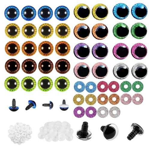 SJUNJIE 36 Stück 15-18mm Sicherheitsaugen für Häkeltiere mit Farbigem Blitz | Unterlegscheibe Sicherheitsaugen Bunte Kunststoff Amigurumi Augen für Häkeltiere Puppen Plüschtier Teddyaugen