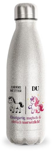 Glitzerflasche Silber - Mütter Vergleich Einhorn Personalisiert | Trinkflasche 750ml | Thermoskanne | Thermoflasche mit Glitzer | Edelstahl Trinkflasche | Geschenke für Mama | Muttertag | Silber