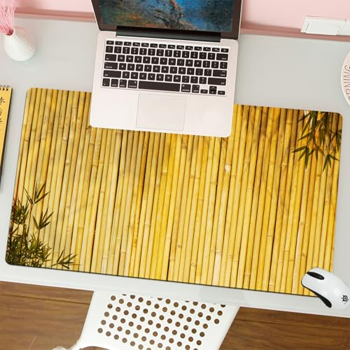QRFASFZO Tapis de Souris Gaming - 30x80 cm - Tapis de Souris Esports - Ne Glisse jamais - Couverture complète du Bureau - Fond de Bambou doré Clair, Cadre de Feuilles de Bambou