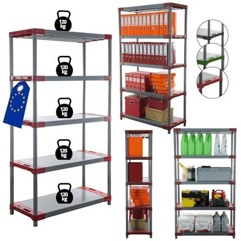 MODO24 Kunststoffregal Jupiter 180x120x46 cm, 5 Ablagen à 120 kg, Lagerregal aus Kunststoff für Keller, Garage, Vorratsraum, Werkstatt, Kellerregal, Steckregal modular, Plastikregal, Farbe: Rot
