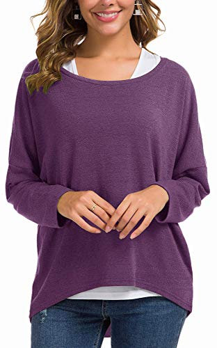 Meyison Damen Lose Asymmetrisch Sweatshirt Pullover Bluse Oberteile Oversized Tops T-Shirt Violett L