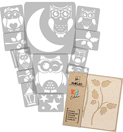 NAKLEO Schablonen Malen für Kinderzimmer, 14 Stück Set 9x12 bis 23x34cm Vögel Eulen, Wiederverwendbare Kunststoff Malvorlage Raumdekoration, Basteln DIY Wand Möbel Papier Stoff