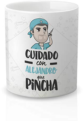 Yujuuu! | Taza personalizable con nombre | Taza cerámica para regalo original Profesión Enfermero. RESISTENTE 100% al microondas y lavavajillas. (Diseño 05) Frase cuidado que pincha