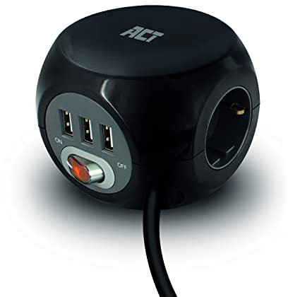 ACT Powercube AC2400 - Enchufe con 3 enchufes USB (2,4 A) con Interruptor, 3 enchufes, Incluye Almohadilla Adhesiva para Cocina, Oficina, salón, Longitud de Cable de 1,5 m, Color Negro