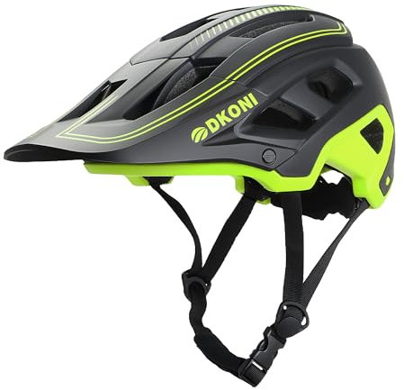 DKONI Casco da bicicletta leggero e regolabile, unisex per ragazzi e adulti, con visiera e imbottitura rimovibili, 17 prese d’aria (Nero e giallo, Taglia M: 54–57 cm (21,2–22,5 pollici))