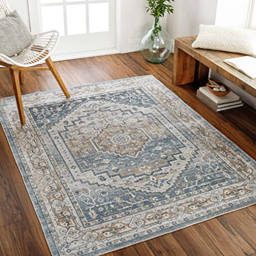Livabliss Sitra Teppich waschbar in der Waschmaschine - Vintage Teppich waschbar für Wohnzimmer 160x213 cm, Schlafzimmer, Küche - Orientalischer Boho Teppiche, Teppich Groß in Blau, Beige, Elfenbein