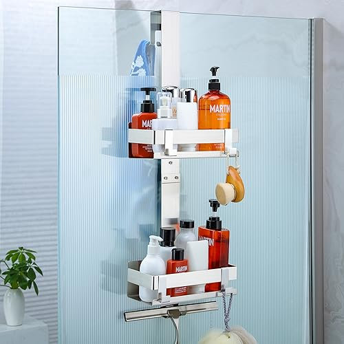 Cooeco Mensola Doccia da Appendere Doppio Strato - Portaoggetti Doccia con 2 Ganci per Shampoo e Accessori, Porta Shampoo Doccia - Facile da Installare - Adatta a Porte in Vetro Cornice fino a 35 mm