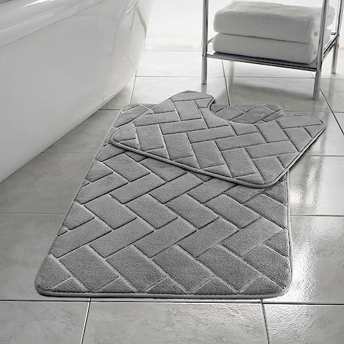 HomeSpace Direct Blocks Non- Slip Memory Foam Bath Mat/Toilet Mat Set Silver