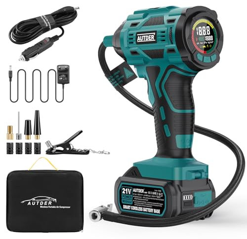 AUTDER 21V Akku Luftkompressor - 12,4 Bar/180 PSI Hochdruck Elektropumpe mit LED-Licht & Kühlsystem, Tragbarer Luftkompressor für Auto, Motorrad, Fahrrad inkl. 12V Netzteil & Sporttasche, Blau