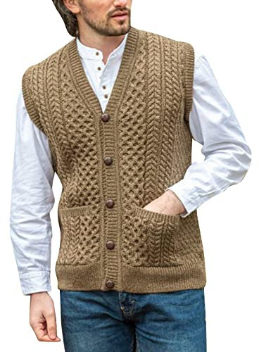 OBiQuzz Men's Knitted Vest Sleeveless with Buttons Cardigan with Cable Knit V-Neck Sweater Vest Cardigan with Pocket Regular Fit Warm Jumper Classic Knitted Jumper Vest Costume Jacket, brown, L