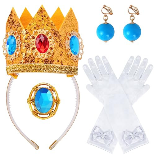 Goenb Prinzessin Peach Kostüm Zubehör, 4 Stück Set Von Prinzessin Peach Krone Ohrringe Handschuhe Brosche Dress up Für Frauen Für Karneval Halloween Cosplay Dress up Birthday Party