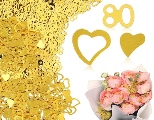 Lhbwhiz 900 Stück 80 Geburtstag Deko Konfetti,300 Stück Konfetti mit Nummer“80” + 600 Stück mit krummen Herzen Konfetti zur 80 Jubiläum Deko, Tischdeko Geburtstag Deko (Gold)
